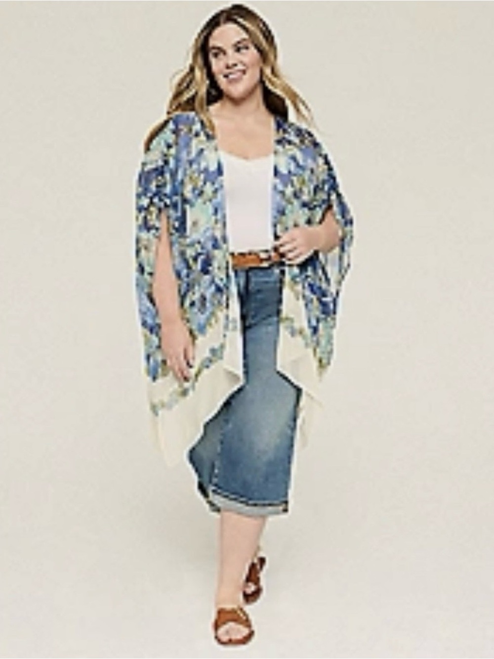Plus Size Blue Floral Lane Bryant Open-Front Kimono - Adjustable Sleeve NWT